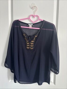 Cache Navy blue Sheer Tunic with Gold Embellished V-Neck
